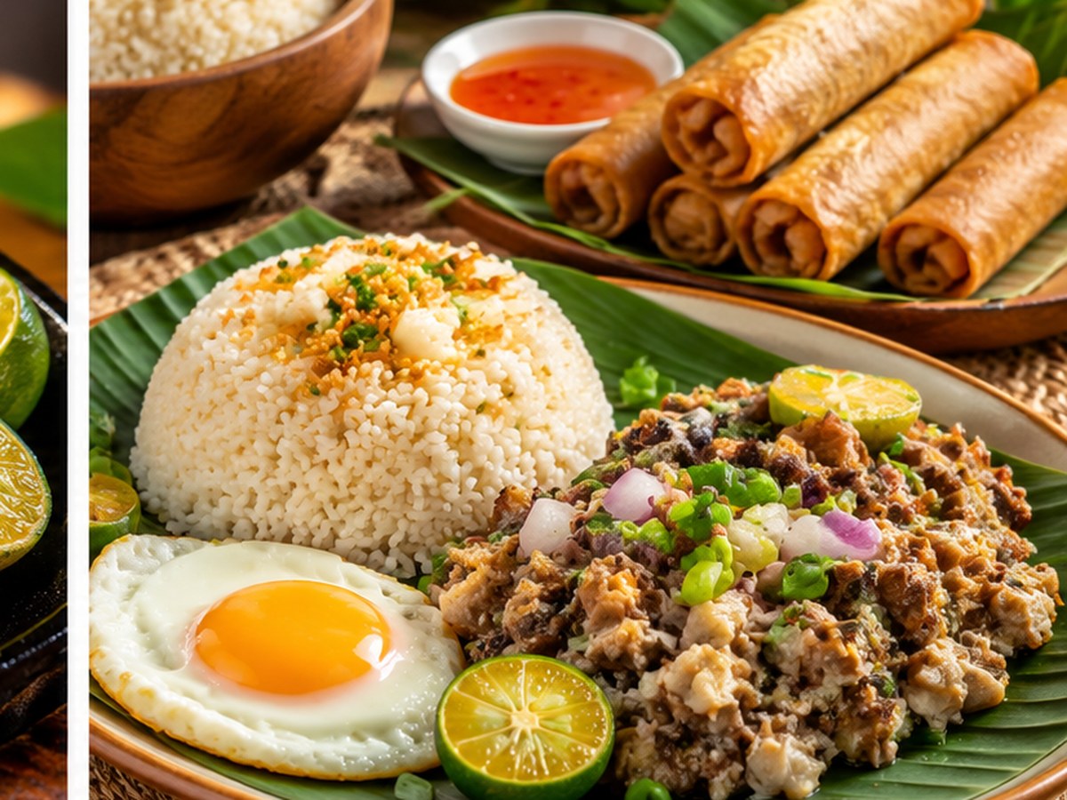 Filipino-style meal with sisig, garlic rice, egg, calamansi and lumpia